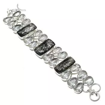 Браслет ручной работы из стерлингового серебра 925 пробы с натуральным черным рутилом и топазом 7-8 дюймов H3z15