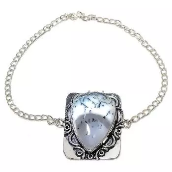 Браслет ручной работы из стерлингового серебра 925 пробы с натуральным дендритовым опалом, 7–8 дюймов, w5R38