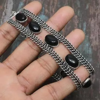 Браслет ручной работы из стерлингового серебра 925 пробы с черным ониксом и драгоценным камнем для Дня благодарения 7-8 Inches