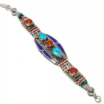 Браслет ручной работы из тибетской бирюзы и коралла 7-8 дюймов O0u45
