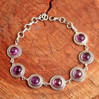 Браслет ручной работы из твердого серебра 925 пробы с аметистом и драгоценным камнем, ювелирные изделия из камня февраля фиолетовый
