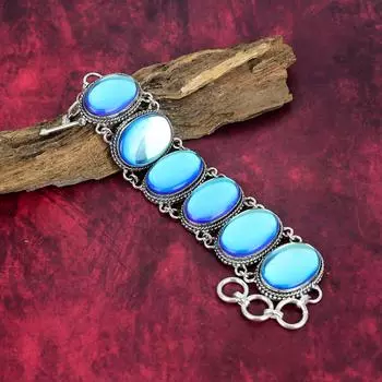 Браслет ручной работы с мистическим опалом и драгоценным камнем, регулируемый браслет-цепочка из стерлингового серебра 925 пробы. Изысканные украшения на День Благодарения. 8 Inches With Adjustable белый