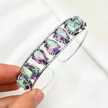 Браслет ручной работы с радужным мистическим топазом, из цельного серебра 925 пробы, старинный ювелирный браслет, для подарка на помолвку Adjustable белый