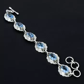 Браслет с аквамарином Драгоценный камень с аквамарином Браслет ручной работы из стерлингового серебра 925 пробы Браслет с аквамарином для подарка Браслет с аквамарином для мамы 8 синий