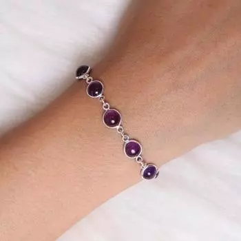 Браслет с аметистом / Браслет из стерлингового серебра 925 пробы / Браслет ручной работы / Регулируемые серебряные украшения / Круглый браслет из драгоценных камней / Подарок для нее 6-9 Inch фиолетовый