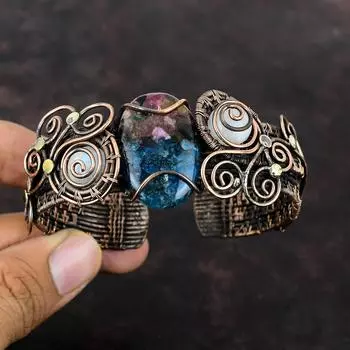 Браслет с арбузом и турмалином, медная проволока, браслет-манжета с драгоценным камнем, регулируемый браслет, браслет ручной работы с лунным камнем, медные украшения для подарка