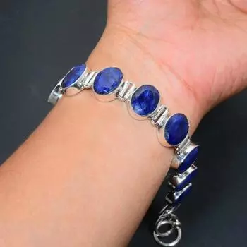 Браслет с бирманским сапфиром Бирманский сапфир, драгоценный камень Браслет ручной работы из стерлингового серебра 925 пробы Браслет с бирманским сапфиром для подарка матери 8 синий