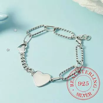 Браслет с большим сердцем в стиле панк из стерлингового серебра 925 пробы для женщин, браслет и свадебные украшения, подарок на день рождения