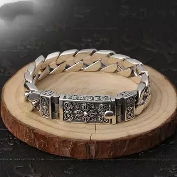 Браслет с бриллиантами и пестиком высокого класса, мужской браслет с позолоченной мантрой из шести символов в стиле ретро-тай, властный и модный новый стиль 18CM серебряный