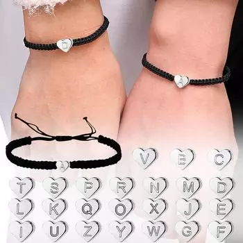 Браслет с буквами и сердечными струнами, плетеный браслет из веревки, браслет для подруги, браслет для пары B чёрный