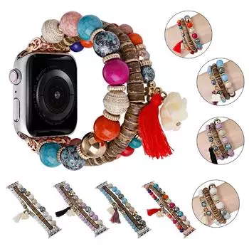 Браслет с бусинами для Apple Watch 38 мм/40 мм/41 мм 42 мм/44 мм/45 мм для женщин и мужчин эластичный браслет ручной работы ремешок для часов iWatch 38/40/41mm синий