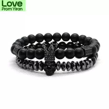 Браслет с черепом, мужские аксессуары, матовые каменные бусины, комплект Erkek Bileklik, украшения в виде короны, мужские браслеты для женщин, браслеты Mujer