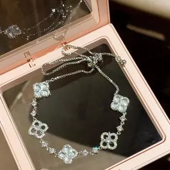 Браслет с четырьмя лепестками цветов и камнями, легкий, роскошный и высококачественный браслет, регулируемый темперамент, новый стильный браслет для женщин 15+3cm серебряный