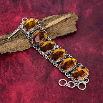 Браслет с цитрином, браслет из стерлингового серебра 925 пробы, ювелирные изделия из драгоценных камней, регулируемый браслет-цепочка ручной работы, удивительный ювелирный подарок для нее 8 Inches With Adjustable оранжевый