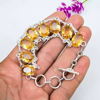 Браслет с драгоценным камнем цитрин, браслет из стерлингового серебра 925 пробы, дизайнерский ювелирный браслет ручной работы, подарок маме 8 Inches жёлтый