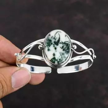 Браслет с драгоценным камнем Tree Agate, ювелирные изделия ручной работы, браслет-манжета из стерлингового серебра 925 пробы, регулируемый браслет, подарки на годовщину, серебряные ювелирные изделия Tree Agate