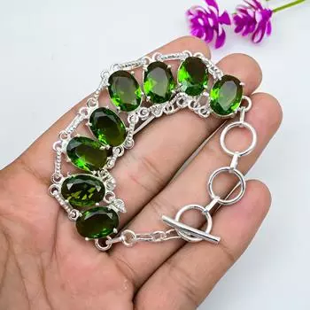 Браслет с драгоценными камнями и перидотом, браслет из чистого серебра 925 пробы, браслет ручной работы с камнями по рождению, подарок для него 8 Inches зелёный
