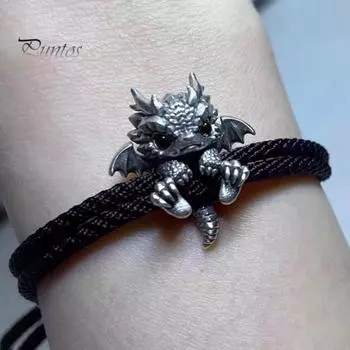 Браслет с драконом, витая веревка, ретро-китайский стиль, полированный сплав, легкий хип-хоп аксессуар на запястье, браслет унисекс, ювелирные изделия чёрный