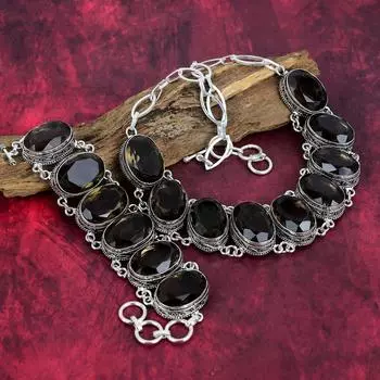 Браслет с дымчатым топазом, ожерелье ручной работы с драгоценными камнями, комплект ювелирных изделий из цельного серебра 925 пробы, старинное ожерелье и браслет Adjustable With 8 -18 коричневый