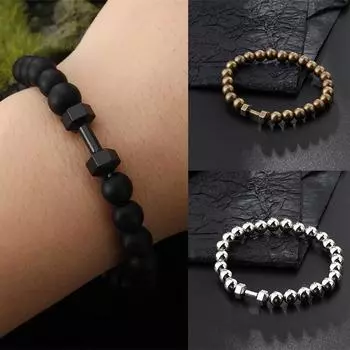 Браслет с гантелями из натурального бирюзового камня, черные матовые бусины, браслеты для женщин и мужчин, ювелирные изделия со штангой для фитнеса, подарки