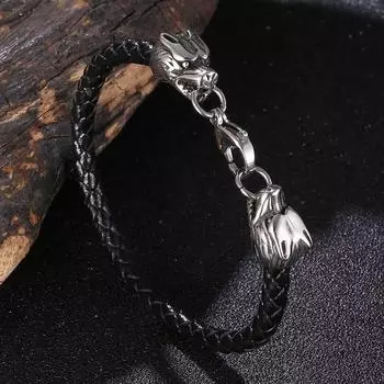 Браслет с головой волка викинга, браслет из нержавеющей стали и кожи, браслет с подвесками BB1093 165mm чёрный