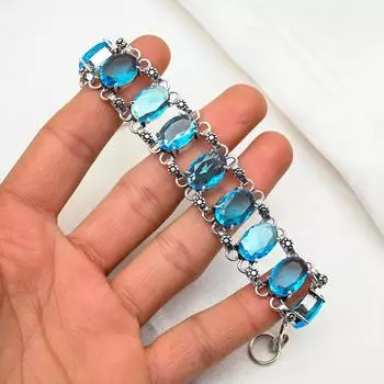 Браслет с голубым топазом, 925 пробы, чистое серебро, драгоценные камни, браслет ручной работы, на День благодарения 8 inches with Adjustable синий