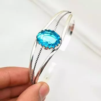 Браслет с голубым топазом, изящные ювелирные изделия ручной работы, браслет-манжета из стерлингового серебра 925 пробы, регулируемый браслет, браслет-манжета из драгоценных камней, подарок для женщин Adjustable синий
