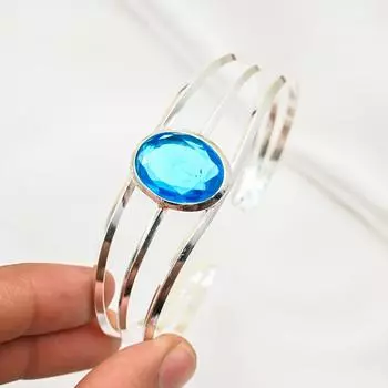 Браслет с голубым топазом, изящные ювелирные изделия ручной работы, браслет-манжета из стерлингового серебра 925 пробы, регулируемый браслет, браслет-манжета из драгоценных камней, подарок для женщин Adjustable синий