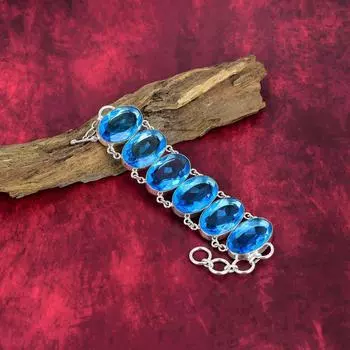 Браслет с голубым топазом, ювелирные изделия из цельного серебра 925 пробы с драгоценными камнями, браслет ручной работы, на День благодарения Adjustable with 8 inches синий