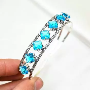 Браслет с голубым топазом, ювелирные изделия из драгоценных камней, браслет из чистого серебра 925 пробы, браслет с драгоценными камнями ручной работы, подарок для него Adjustable синий