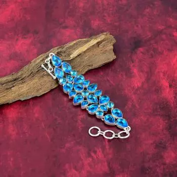 Браслет с голубым топазом, ювелирные изделия из цельного серебра 925 пробы с драгоценными камнями, браслет ручной работы на День матери Adjustable With 8 Inches синий