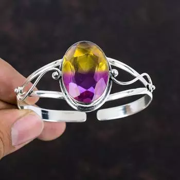 Браслет с граненым аметрином, браслет-манжета из натурального драгоценного камня, браслет из стерлингового серебра 925 пробы, регулируемый браслет, дизайнерские украшения ручной работы, свадебные подарки