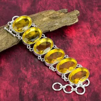 Браслет с граненым цитрином, ювелирные изделия из драгоценных камней, браслет из стерлингового серебра 925 пробы, регулируемый браслет-цепочка ручной работы, подарок для мамы, ювелирные изделия 8 Inches With Adjustable жёлтый