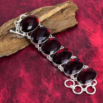 Браслет с граненым гранатом Ювелирные изделия из драгоценных камней овальной формы, браслет из стерлингового серебра 925 пробы, регулируемый браслет-цепочка Подарок для любви Браслет ручной работы 8 Inches With Adjustable красный