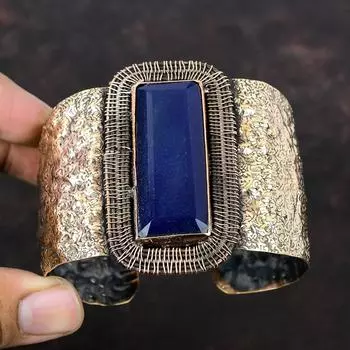 Браслет с граненым синим сапфиром, медная проволока, регулируемый браслет, браслет-манжета ручной работы, медная проволока, ювелирные изделия, подарки для мамы