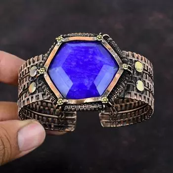 Браслет с граненым синим сапфиром, медная проволока, регулируемый браслет, браслет-манжета ручной работы, медная проволока, ювелирные изделия, подарок на помолвку