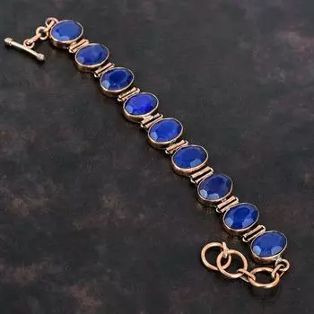 Браслет с граненым синим сапфиром Медный браслет Регулируемый браслет-цепочка Медные украшения Браслет ручной работы из настоящего драгоценного камня Ювелирные изделия из камня