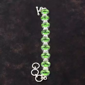 Браслет с граненым зеленым аметистом Оригинальный браслет из драгоценных камней Браслет из стерлингового серебра 925 пробы Регулируемый браслет-цепочка Ювелирные изделия ручной работы для подарка Adjustable