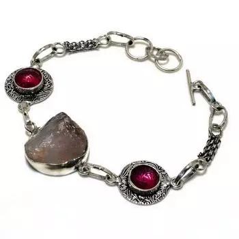 Браслет с грубым розовым рубиллитом и аметистом, посеребренный 925 пробы, 6–8 дюймов