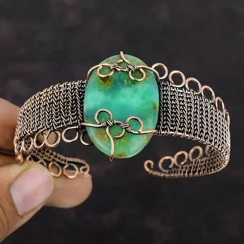 Браслет с хризопразом, браслет из медной проволоки, регулируемый браслет-манжета, браслет ручной работы с драгоценными камнями, медная проволока, обернутая ювелирным изделием, подарок для женщин