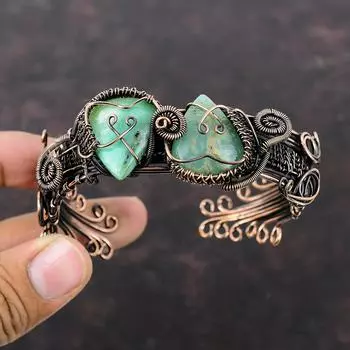 Браслет с хризопразом, медная проволока, браслет, регулируемый браслет-манжета, ювелирное изделие ручной работы с хризопразом, подарок для нее, драгоценный камень, медные украшения