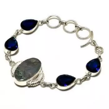 Браслет с индийским моховым агатом, голубым топазом, посеребренным камнем 925 пробы, 6–8 дюймов