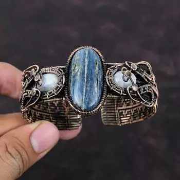 Браслет с кианитом, регулируемый браслет-манжета, браслет из медной проволоки, браслет с радужным лунным камнем, ручная работа, медные ювелирные изделия, подарок для женщин