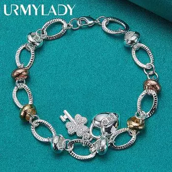 Браслет с ключом-клевером из стерлингового серебра 925 пробы в форме сердца, ювелирные изделия 20cm