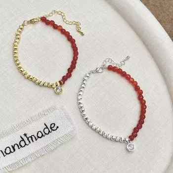 Браслет с красным агатом и кошачьим глазом китайского зодиака S0457 серебряный