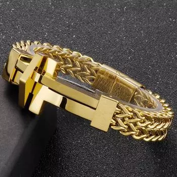 Браслет с крестом для мужчин, черный полированный золотой цвет, звено из нержавеющей стали, мужские браслеты на руку, ювелирные аксессуары 21CM серебряный