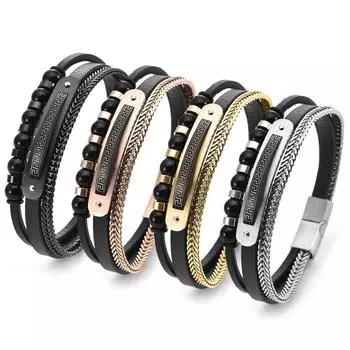 Браслет с магнитной пряжкой, многослойный кожаный браслет с бусинами для мужчин серебряный