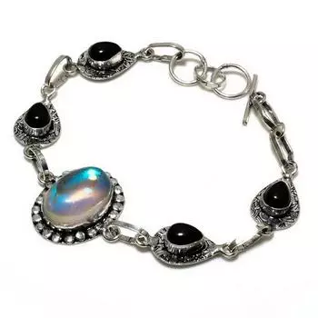 Браслет с мистическим радужным топазом, черным ониксом и серебряным покрытием 925 пробы, 6–8 дюймов