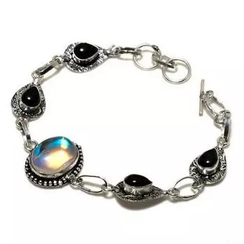 Браслет с мистическим радужным топазом, черным ониксом и серебряным покрытием 925 пробы, 6–8 дюймов