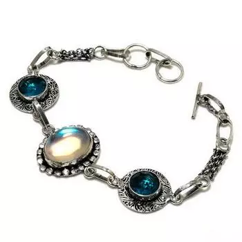 Браслет с мистическим радужным топазом и драгоценным камнем 925, голубой топаз, посеребренный, 6–8 дюймов